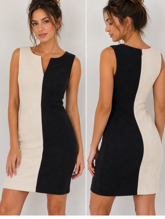 Elene Cassis Dresses & Skirts - Elene Cassis Black and Cream Split-Panel Midi Dress